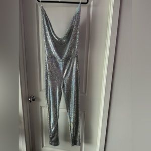 Akira iridescent sequin halter jumpsuit
